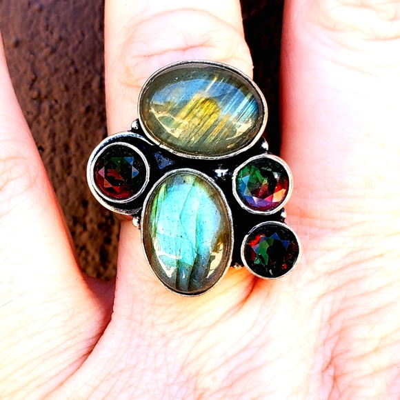 New Labradorite & Bi-Color Tourmaline Silver Ring. - Picture 2 of 16